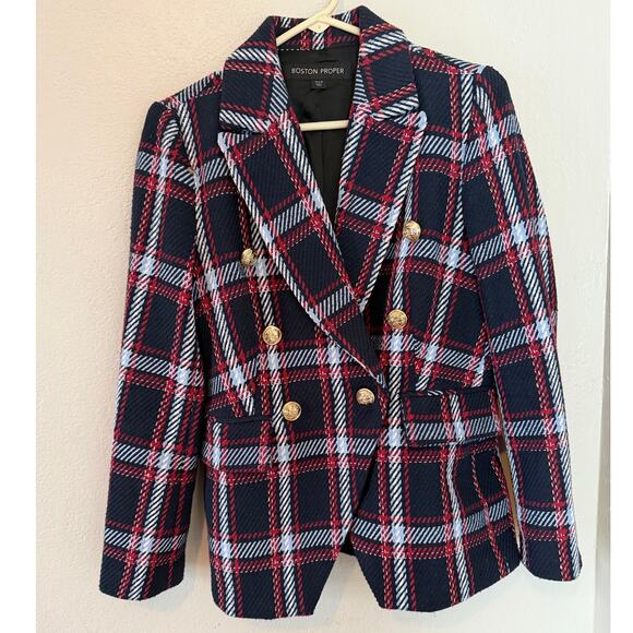 Women's Boston Proper Navy Red Plaid Gold Buttons Blazer Jacket Size 8 - Picture 1 of 7